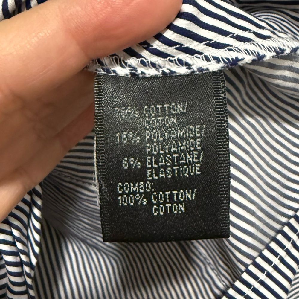 Lafayette 148 New York Navy and White Narrow-Stripe Button Shirt - Picture 6 of 8